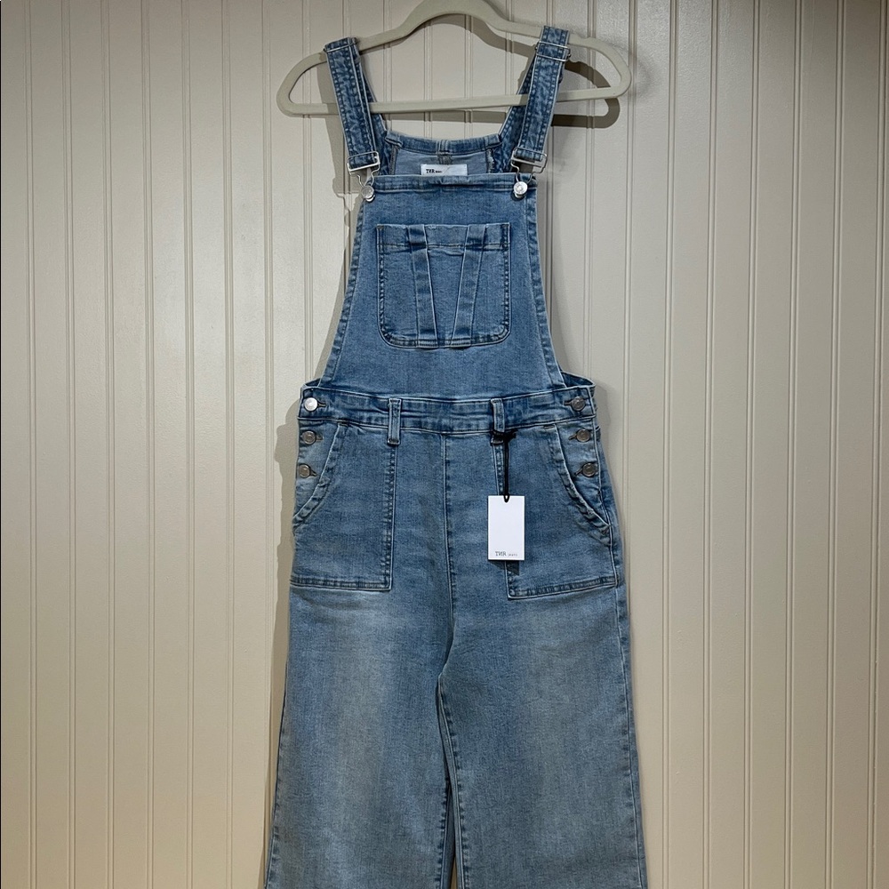 TNR Jeans Distressed Wide Leg Light Blue Denim Overalls NWT size large